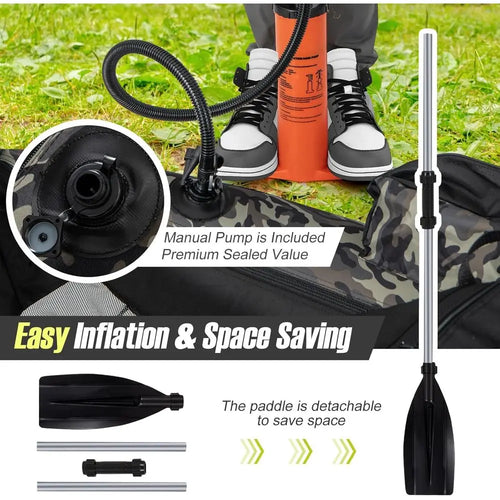 350lbs Inflatable Fishing Boat with Paddle, Pump, Flippers, Fish Hook Stators, Fish Ruler, Storage Pockets, Portable Backpack Be