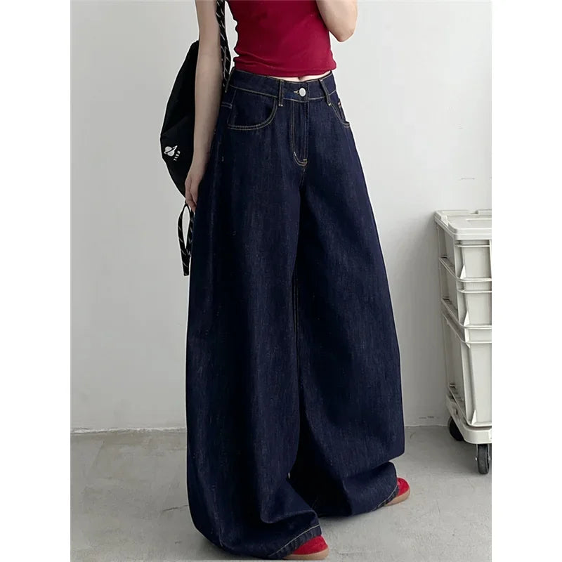Blue Womens Jeans High Waist Vintage Straight Summer Y2K Classic Denim Pants Streetwear American Wide Leg Baggy Denim Trouser