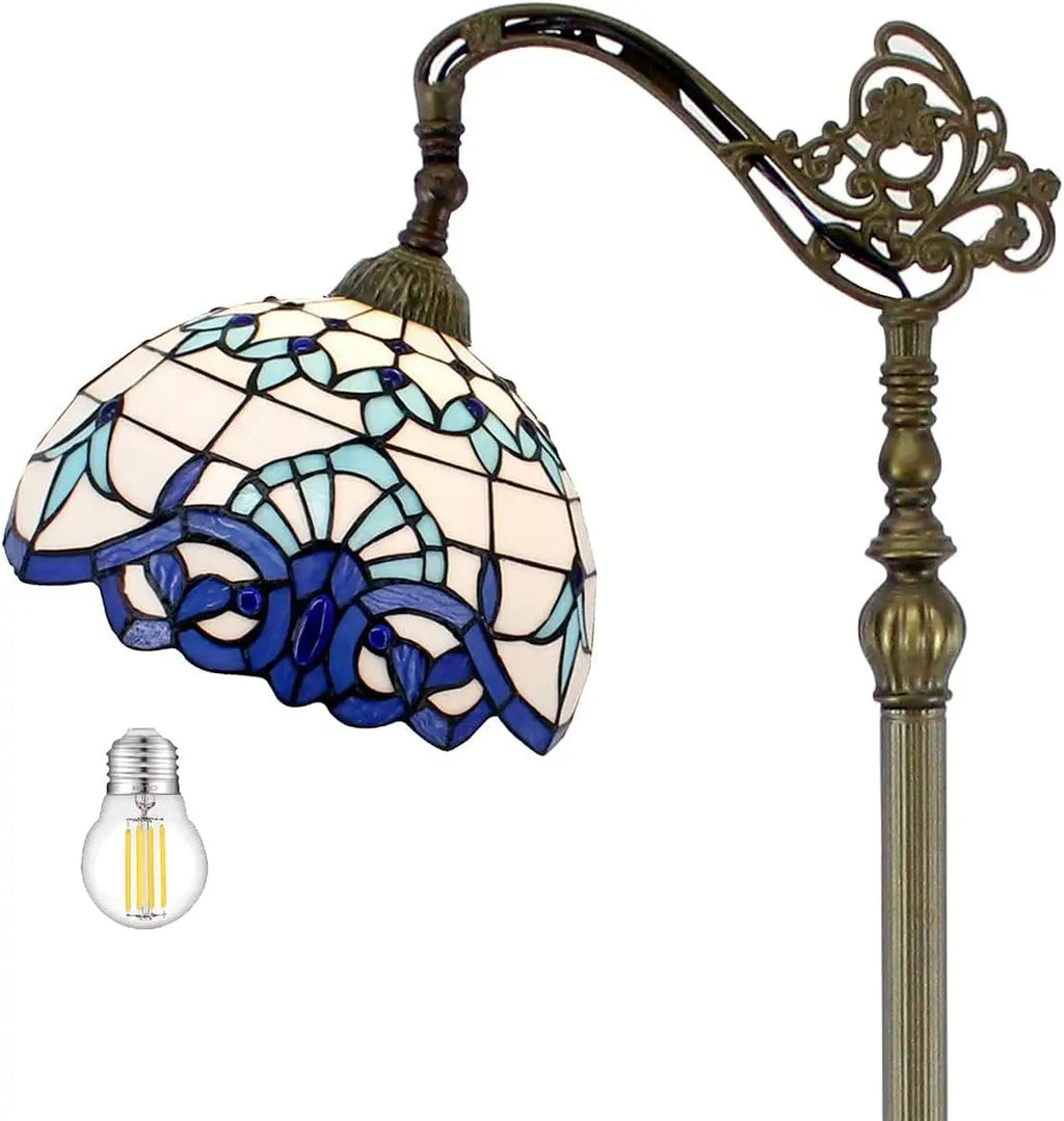 Werfactory Tiffany Floor Lamp Navy Blue White Stained Glass Arched Lamp 12X18X64 Inches Gooseneck Adjustable Corner Standing