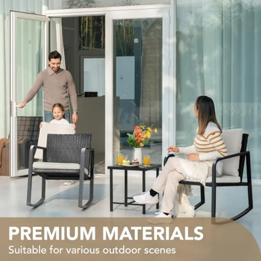 3 Piece Rocking Bistro Set Wicker Patio Outdoor Furniture Porch Chairs Conversation Sets with Glass Coffee Table in Beige