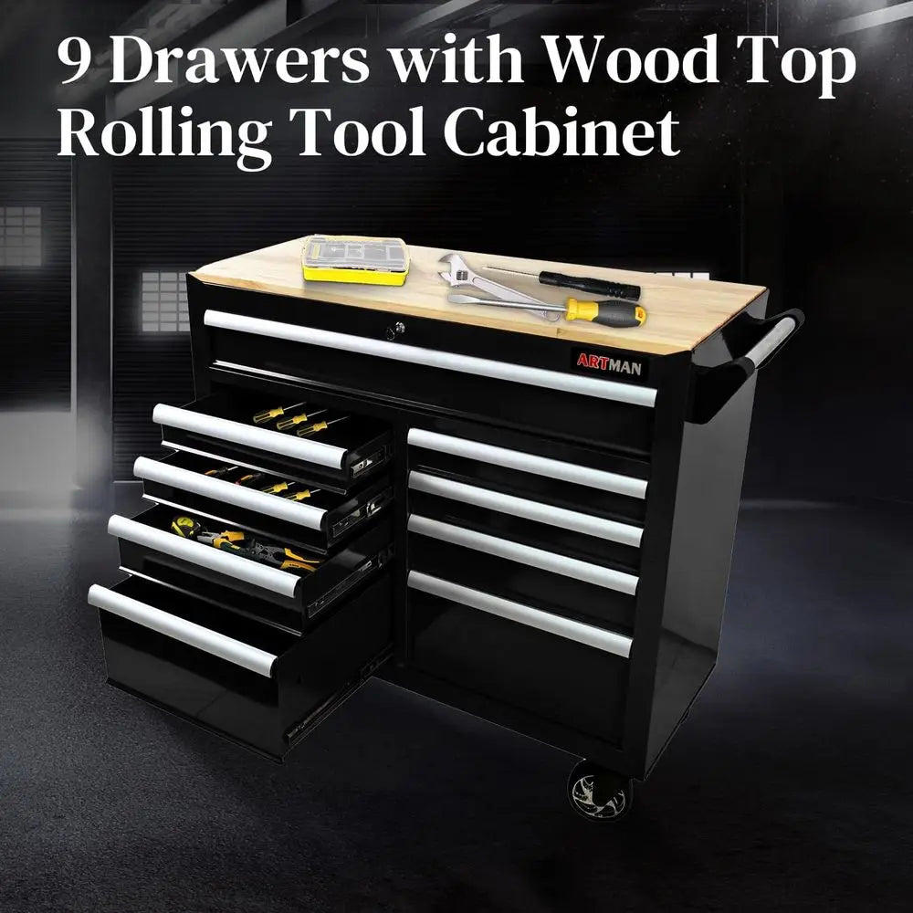 9-Drawer Mobile Tool Chest with Wood Top, Heavy Duty Rolling Workbench for Garage, Workshop, and Repair Shop (Black)