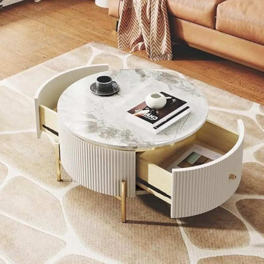 Modern Marble-Patterned Coffee Table with Two Large Drawers, Golden Legs for Elegant Living Room Storage