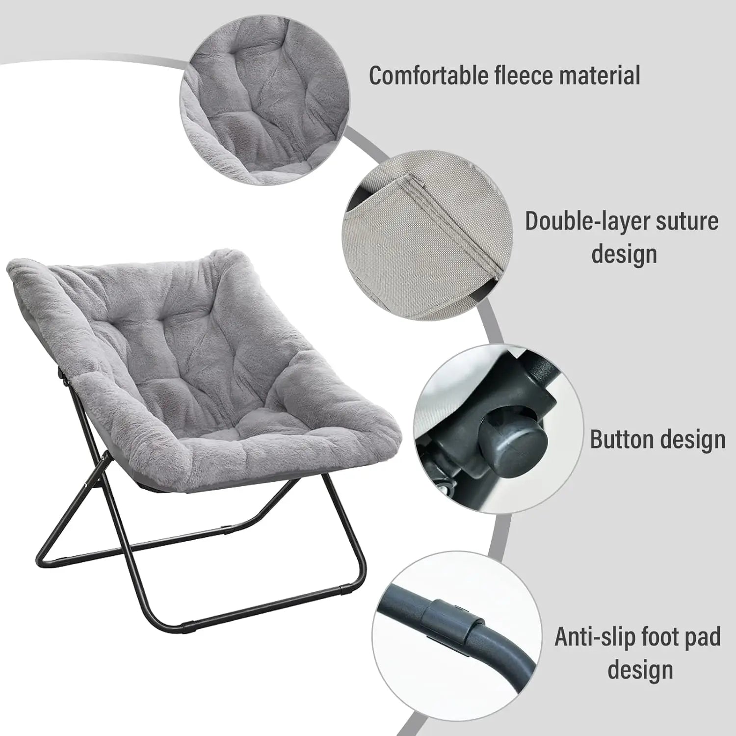 Oversized Faux Fur Saucer Chair, Foldable Lounge Chair for Bedroom Living Room Dorm, Grey X-Large