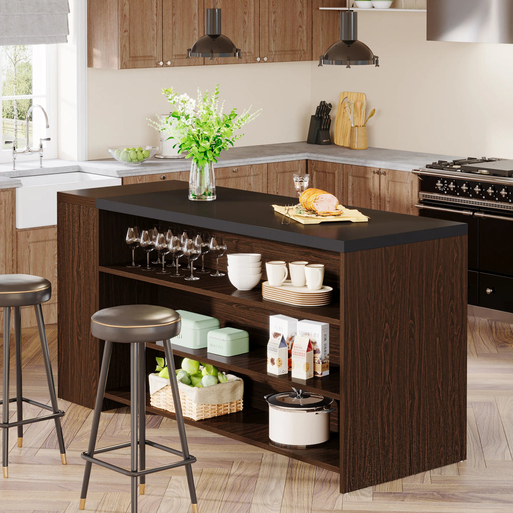 Tribesigns 55" Kitchen Island with Storage, Farmhouse 5-Tier Stationary Island Table with 5 Shelves, Wood Coffee Bar Table