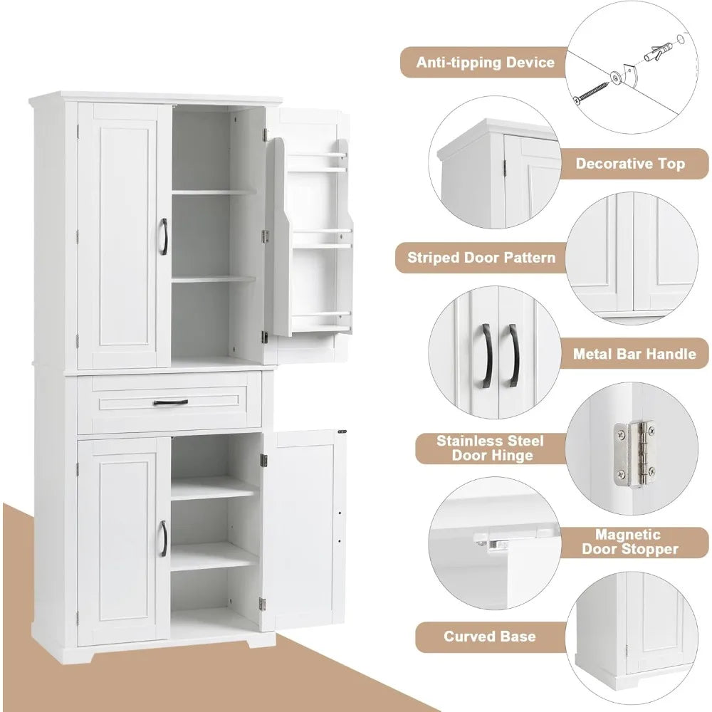 72 Tall Bathroom Cabinet with Multi-Functional Storage Organizer Door Rack, Kitchen Pantry Cupboard with Drawer and Adjust