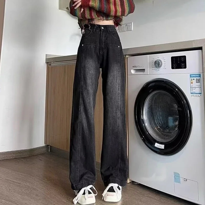 Woman New High Waist Vintage Thicken Jeans Female Casual High Street Thermal Flare Pants Girls Fashion Black Grey Denim Trousers