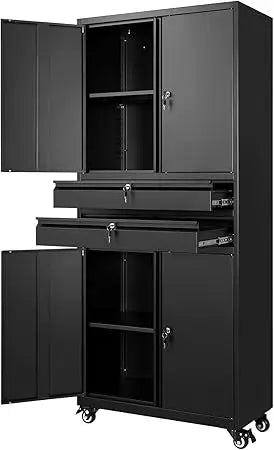 Metal Garage Storage Cabinet with Locking Doors and Adjustable Shelves, Rolling Tool Storage Cabinet with 4 Wheels and 2 Drawer