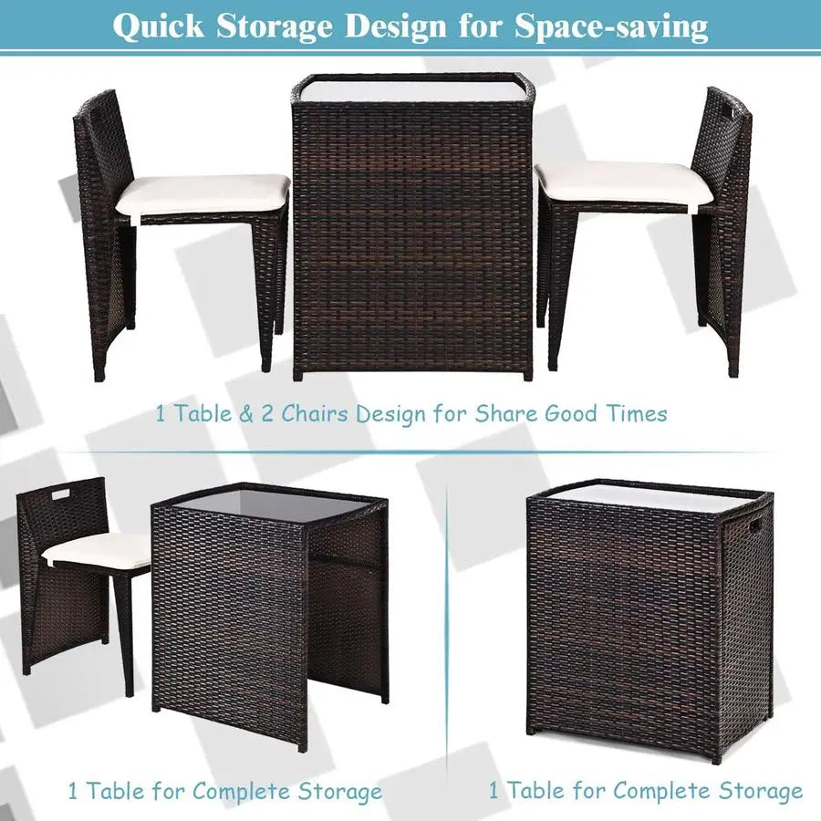 3 Piece Outdoor Rattan Dining Set, No Assembly Patio Bistro Set with Tempered Glass Table, Space Saving Patio Wicker Cushioned