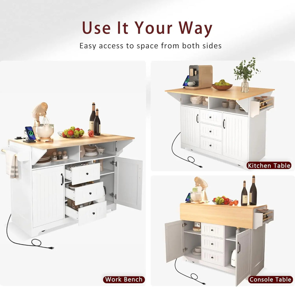 55.7" Large Kitchen Cart Island on Wheels with Foldable Table, Power Outlet, 3 Drawers, Wood Storage Cabinet