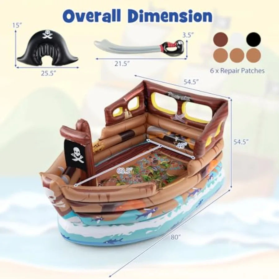 Pirate Ship Bounce House Inflatable with Built-in Motor Boat Shaped for Aged 3+ Indoor Outdoor Party Game Includes Sword Hat Re