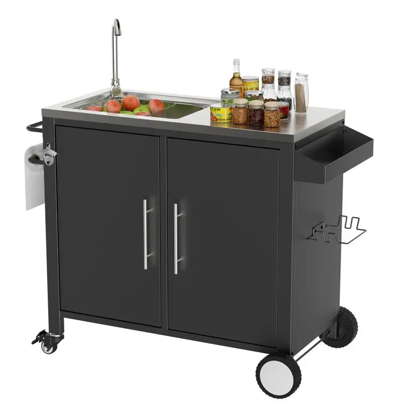 Outdoor Grill Cart with Sink, Stainless Steel Sink and Storage Cabinet, Portable BBQ Station with Wheels, 38" x 18" x 35" for