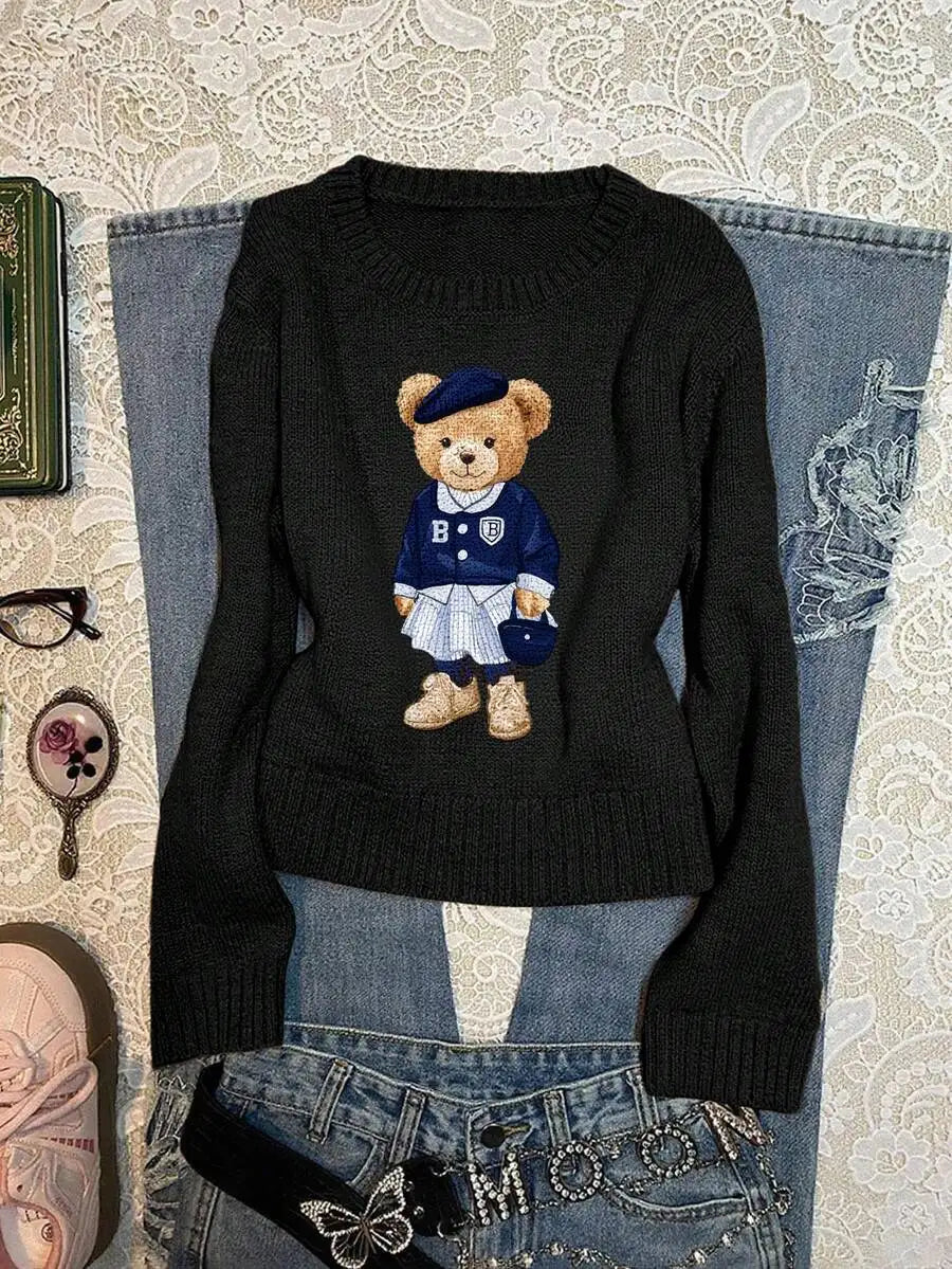 Navy Blue Collegiate Bear Print Pullover Sweater for Women, Autumn Winter Casual Style