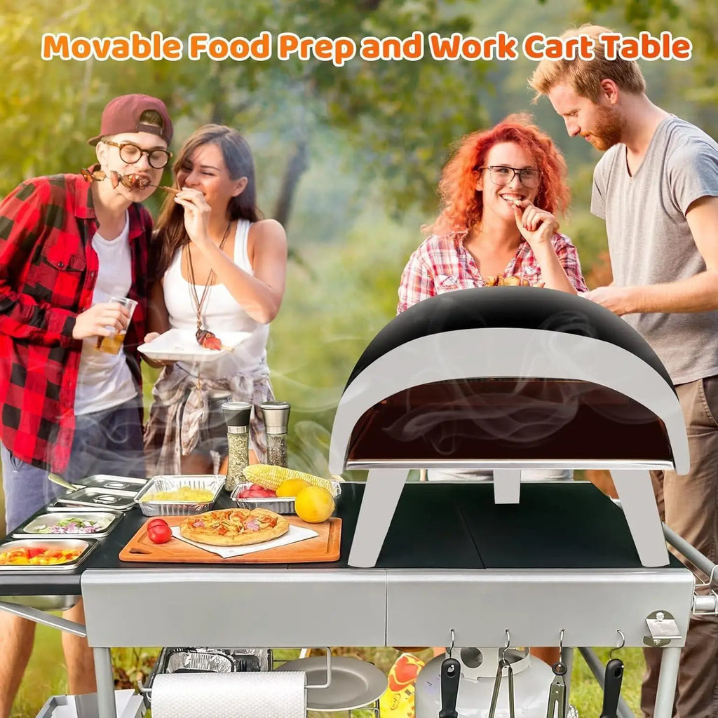 YOU_Pizza Oven Table Grill Cart with Pizza Topping Station Movable Food and Prep Workcart Outdoor Grill Table Stand for Ninja