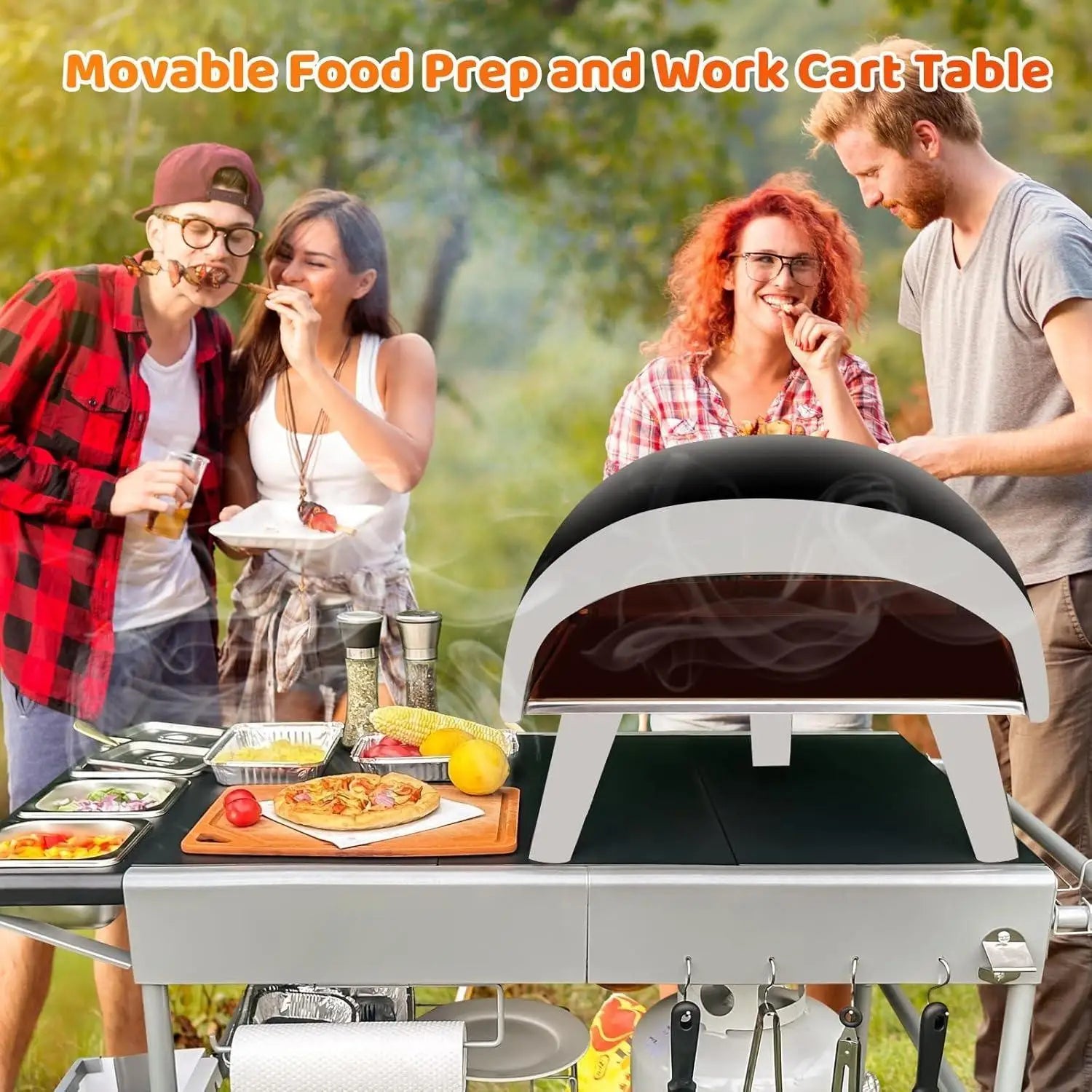 YOU_Pizza Oven Table Grill Cart with Pizza Topping Station Movable Food and Prep Workcart Outdoor Grill Table Stand for Ninja