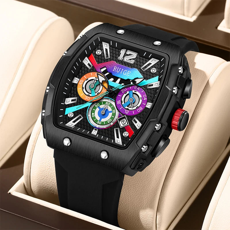 RUIGE Night light three-eyed six-needle silicone strap quartz watch fashion trend leisure gift men's wristwatch
