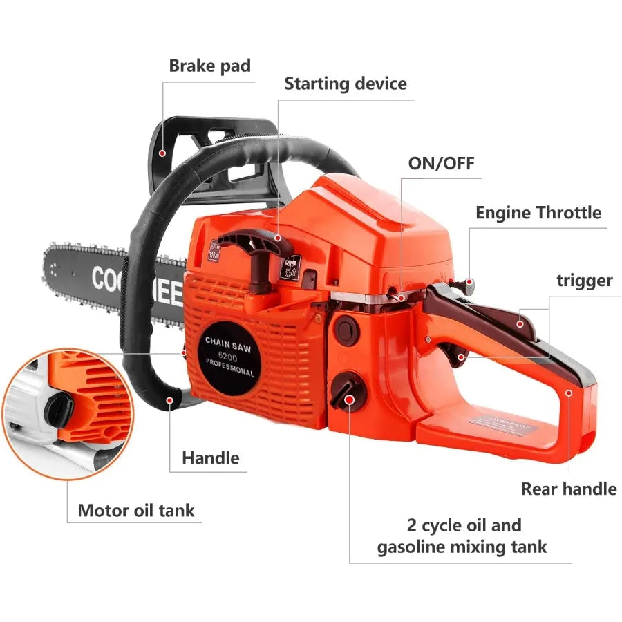 COOCHEER Gas Chainsaw Powered 62CC 3.5-HP 2-Cycle Gas Chainsaw 20 Inch with Tool Kit Carrying Bag for Tree Cutting and Trimming