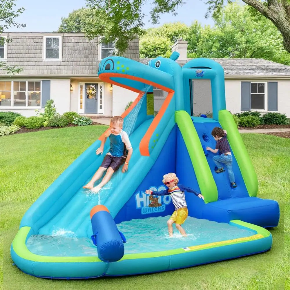 Hippo-Themed Inflatable Water Park with Slide, Climbing, Splash Pool for Kids' Outdoor Fun