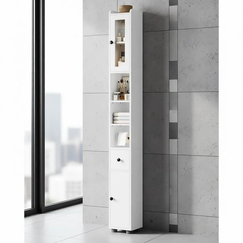 71" Tall Bathroom Storage Cabinet, Narrow Storage Cabinet with Adjustable Shelves, Toilet Paper Rod and 2 Hooks, Freestanding Sl