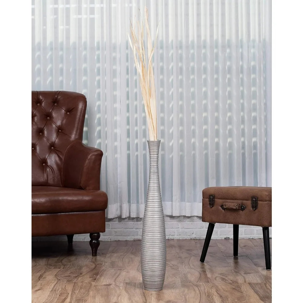 Large Silver Floor Vase Wooden 26 Tall for Home Decor, Ideal for Fake Plants and Pampas Grass, Farmhouse Style Flower Holder