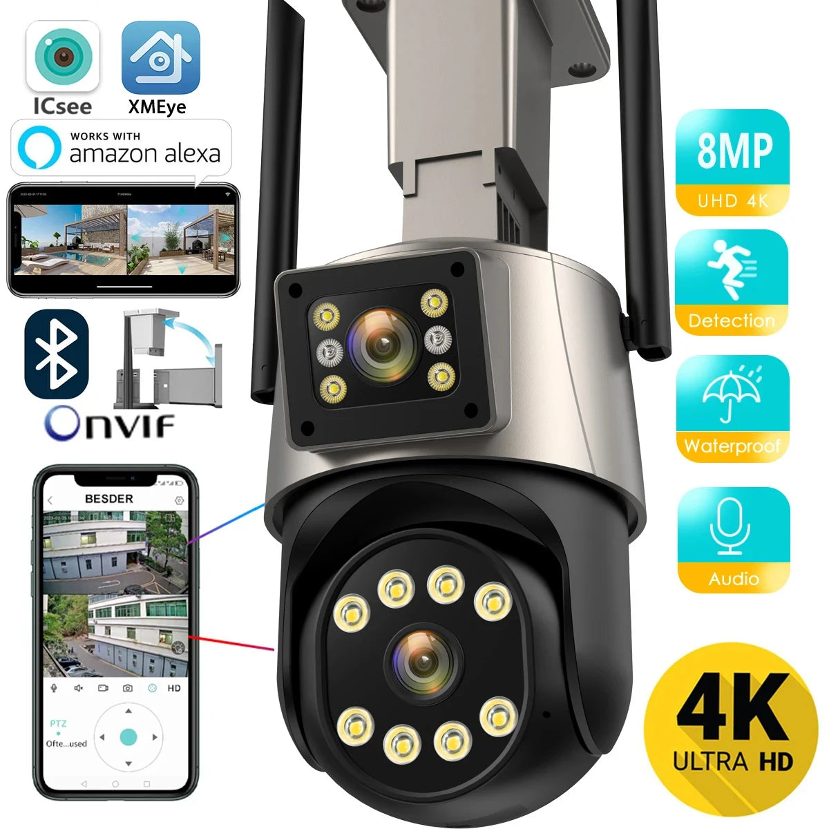 Security Protection Waterproof Security Video CCTV  Surveillance Camera 8MP 4K Wifi IP Camera Dual Lens  IP Camera ICSEE APP VMS