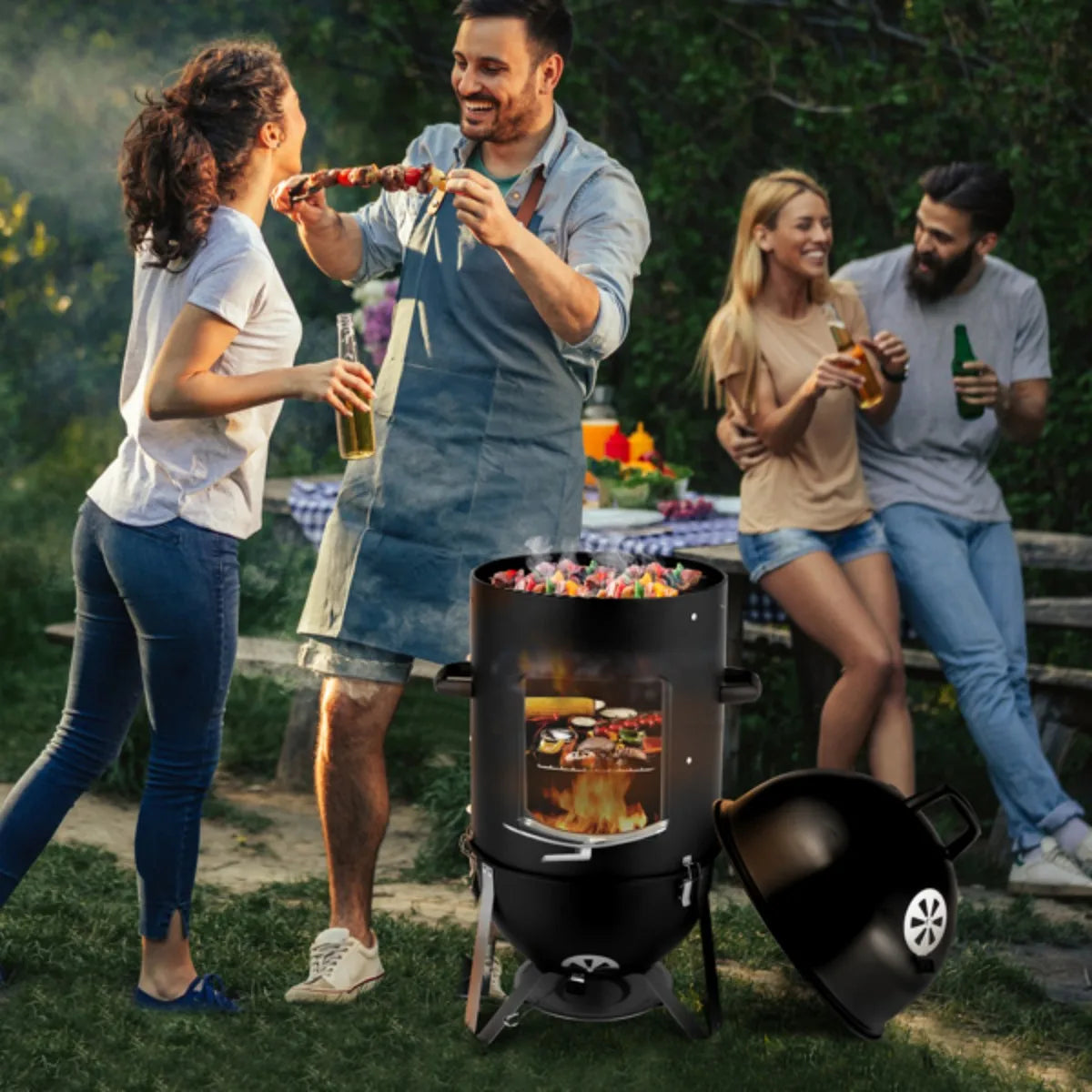 Vertical Steel Charcoal Smoker, Heavy Duty Three Layer Round BBQ Grill Smokey Mountain Cooker for Outdoor Cooking