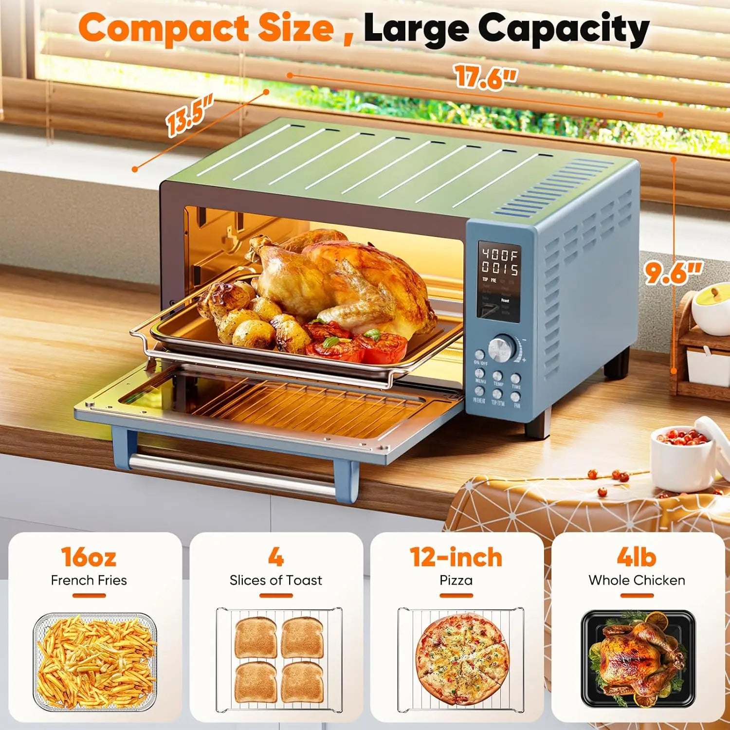 Bravo Pro 10-in-1 Convection Air Fryer Toaster Oven, 21Qt, Cozy Blue, 50-450°F, PFAS Free