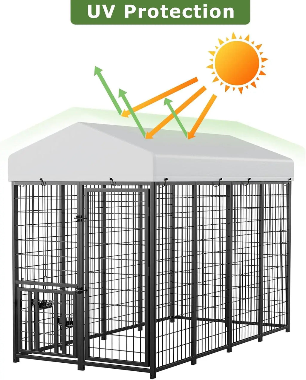 Heavy Duty Outdoor Dog Kennel with Rotating Bowls, 8x4x5.6ft, Durable Steel Frame and Waterproof Cover