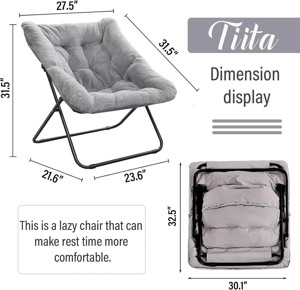 Oversized Faux Fur Saucer Chair, Foldable Lounge Chair for Bedroom Living Room Dorm, Grey X-Large