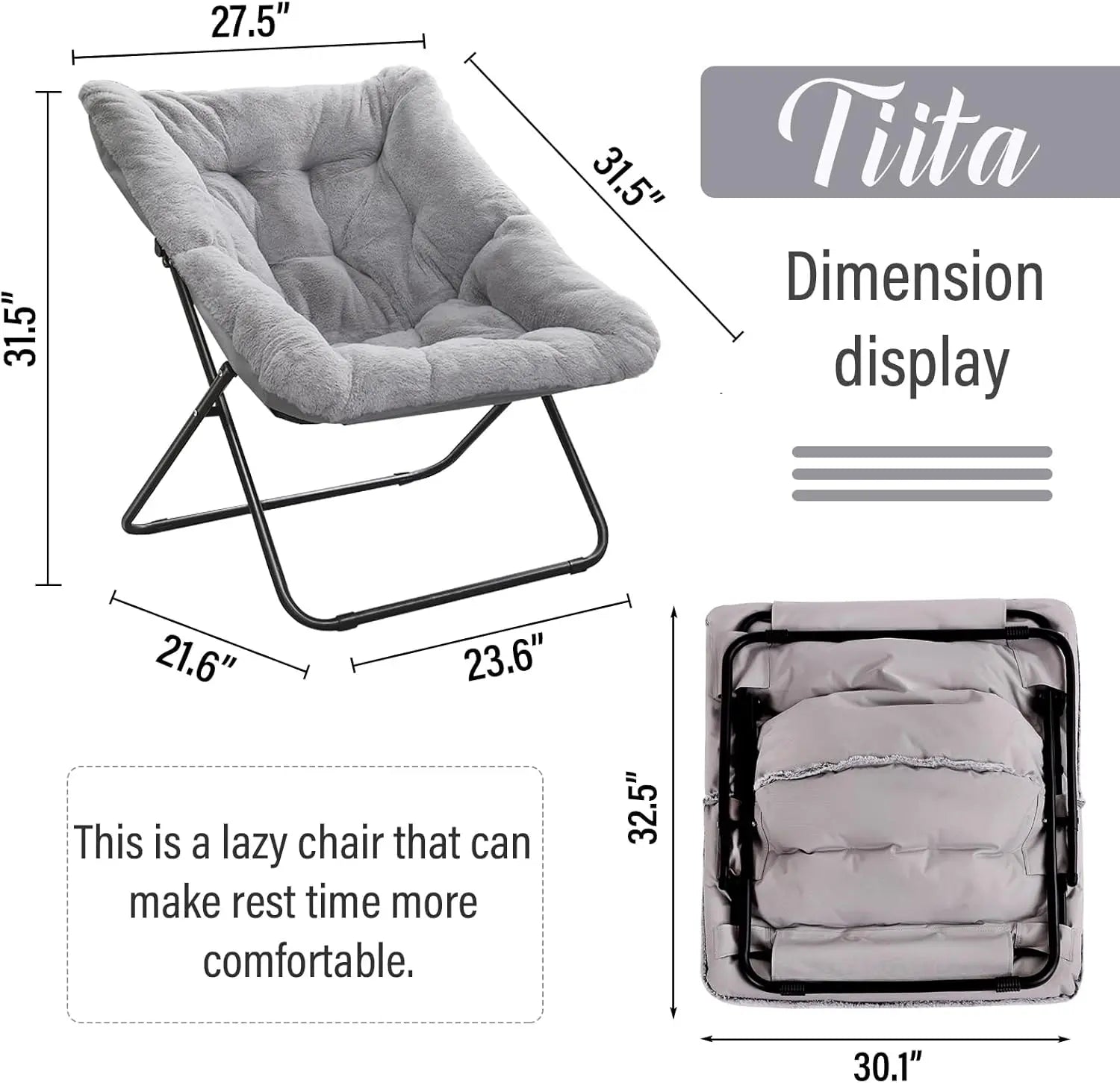 Oversized Faux Fur Saucer Chair, Foldable Lounge Chair for Bedroom Living Room Dorm, Grey X-Large
