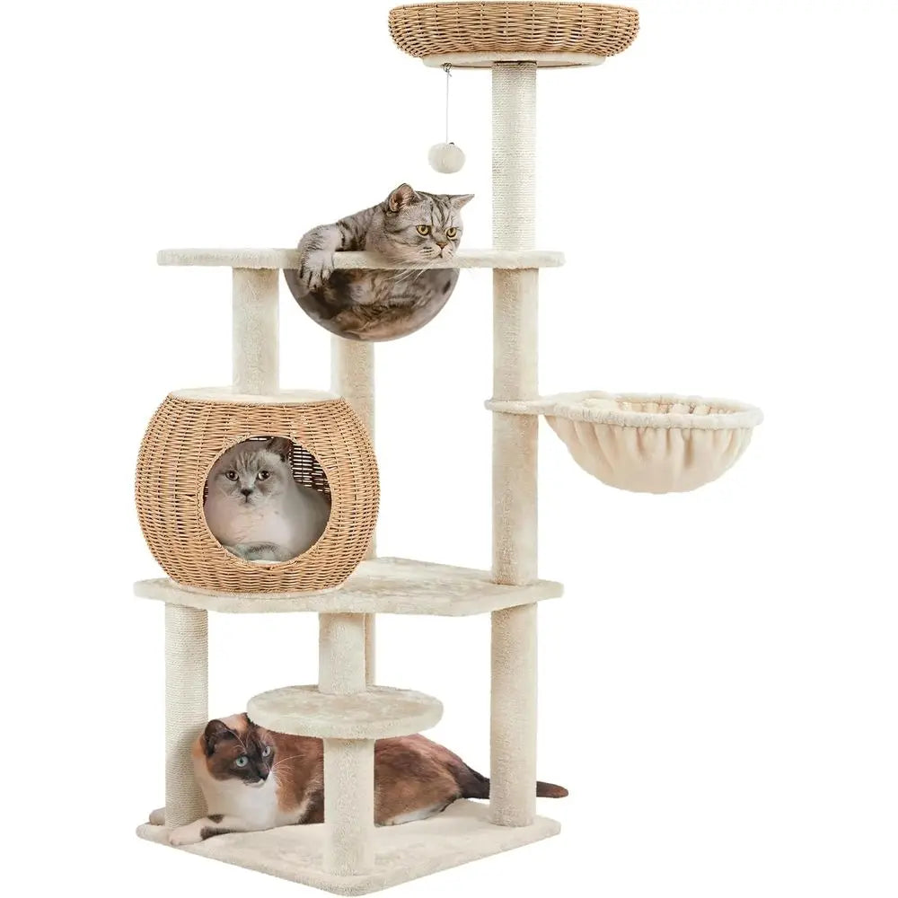 Contemporary Rattan Cat Tower with Woven Condo, Scratching Posts, Washable Cushions - Cool in Summer, Stylish Indoor Cat Furnitu