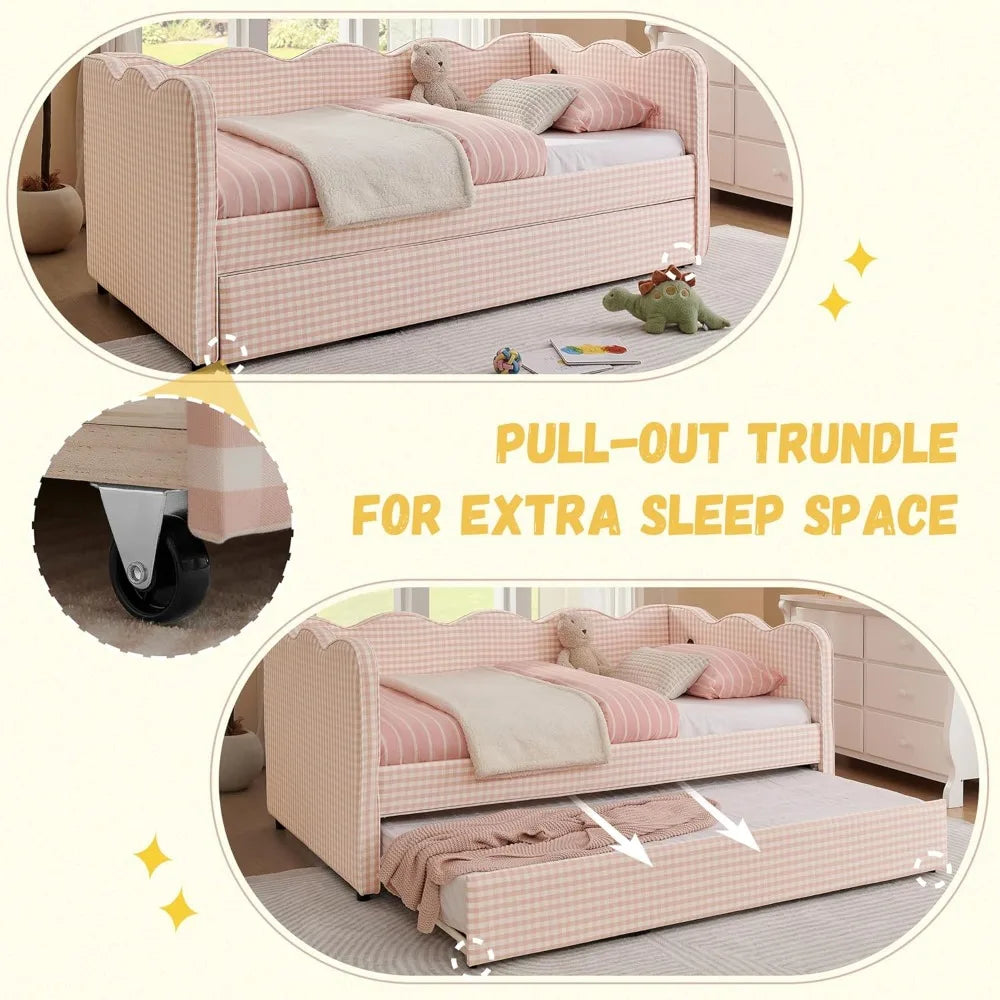 DEINPPA Twin Size Upholstered Daybed with Trundle, Gingham Daybed with USB Ports for Bedroom Living Room Guest Room-Pink