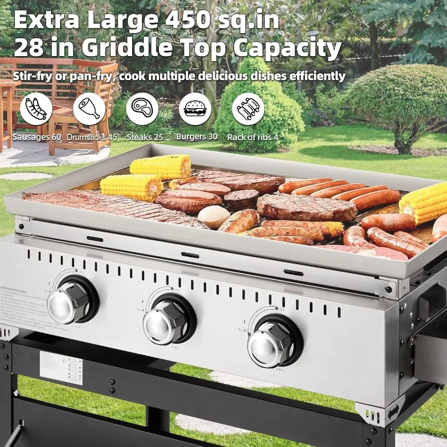 3 Burner 30000 BTU Outdoor Gas Griddle with Lid Portable Flat Top Griddle 28 Inch Heavy Duty Cast Iron Grill in Black with Bott