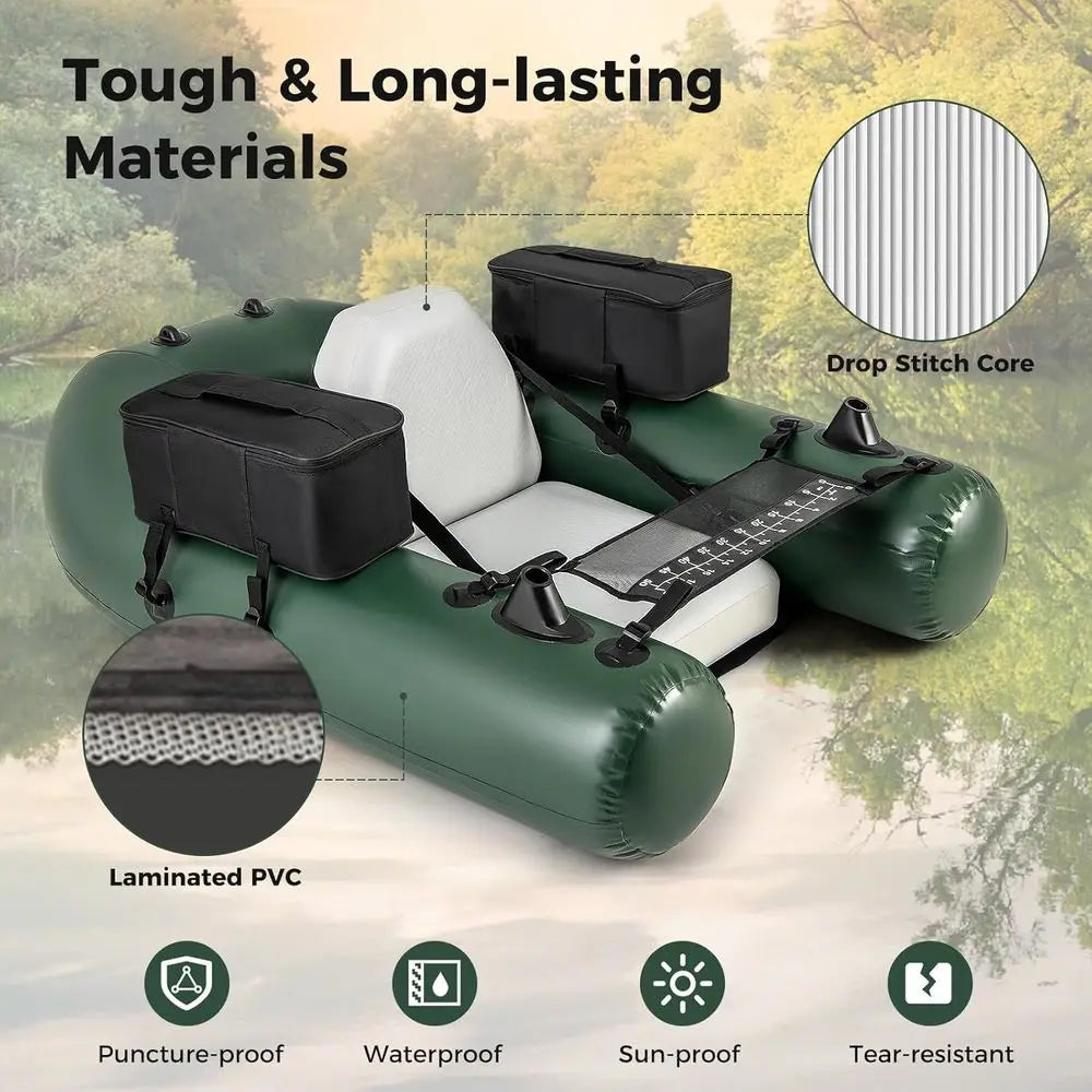 Inflatable Float Tube, Fishing Belly Boat with Fish Ruler, 2 Detachable Storage Bags, Pump, Carry Bag, PVC Fish Boat w/Reinforce