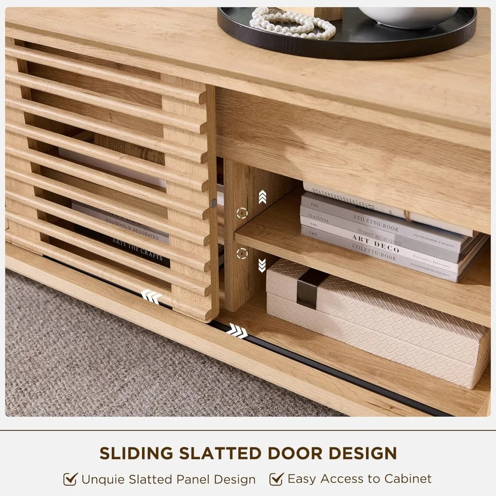48 Lift top Coffee Table, mid Century Modern Coffee Table with Slatted Sliding Door, Hidden Storage Compartment, 4 Stor