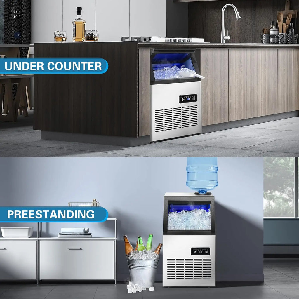 120LBS/24H, Stainless Steel, Adjustable Thickness, Self-Cleaning, Quiet, 40 Cubes/Cycle Commercial Ice Maker