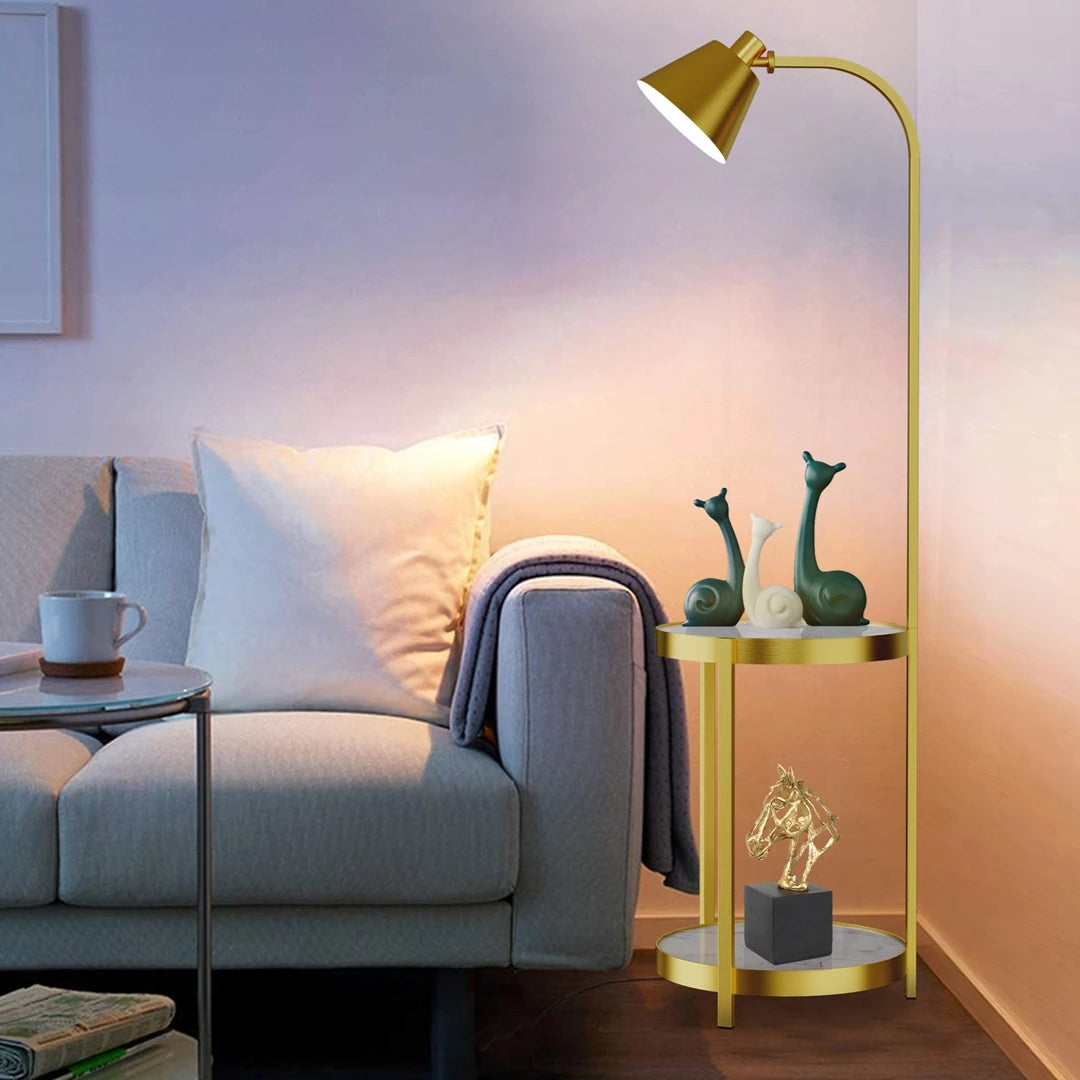 3-in-1 Floor Lamp w/Side Table & Shelves, Golden Iron Frame, Swivel Design for Living Room Bedroom Office
