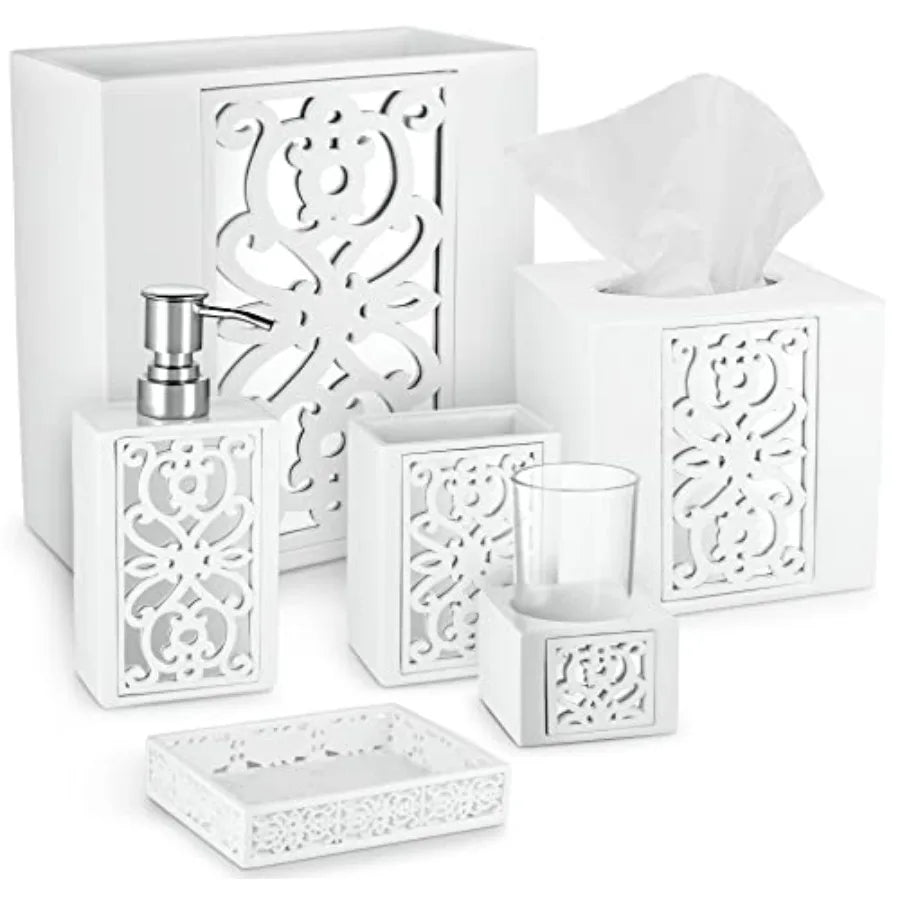 Mirror Janette White Bathroom Accessories Set Complete 6 Piece Bathroom Set Includes Soap Dispenser Toothbrush Holder Tumbler C
