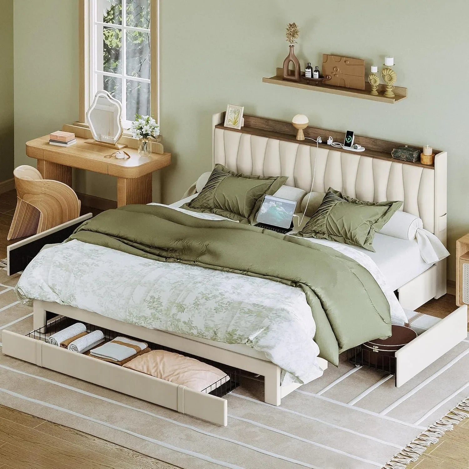 Extra large bed frame with storage headboard and charging station, cushioned platform bed with 3 drawers, beige color