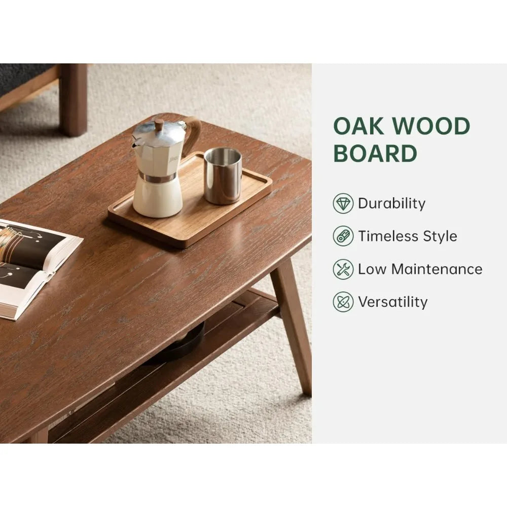 100% Solid Oak Wood Coffee Table for Living Room, 2-Tier Small Table with Storage Shelf, Mid Century Modern Coffee Tables (Walnu