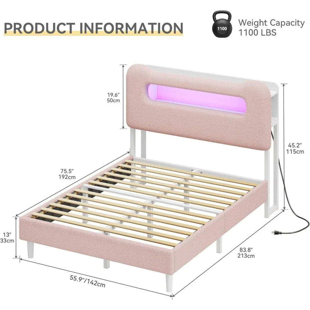 Full Size Boucle Upholstered Bed Frame with Storage Headboard, LED Lighting and USB Ports, No Box Spring Required, Pink