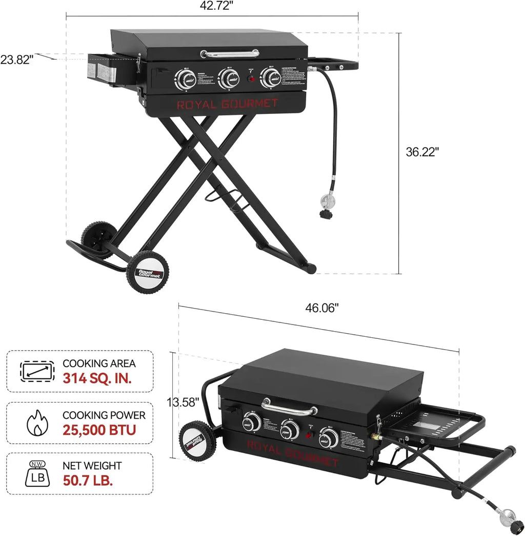 PD3001 3-Burner Propane Gas Griddle with Collapsible Stand, 23-Inch Portable Griddle with Side Table & 314 Sq. In. Cooking Area