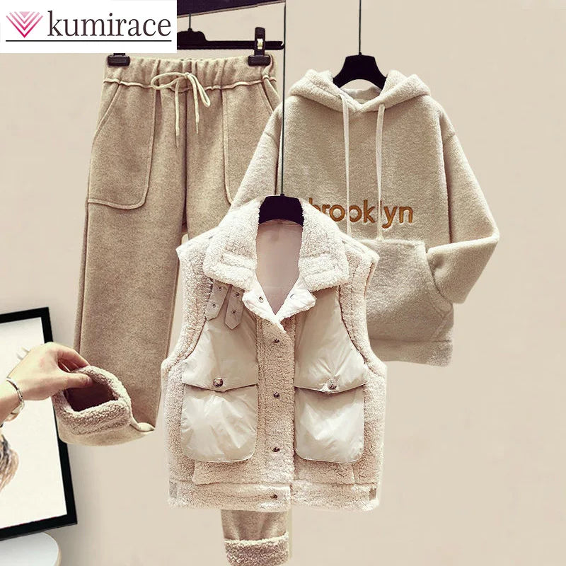 Three-Piece Cotton Coat and Vest Set for Women, Hooded Sweater, Casual Pants, Winter Clothes, Autumn, New, 2024