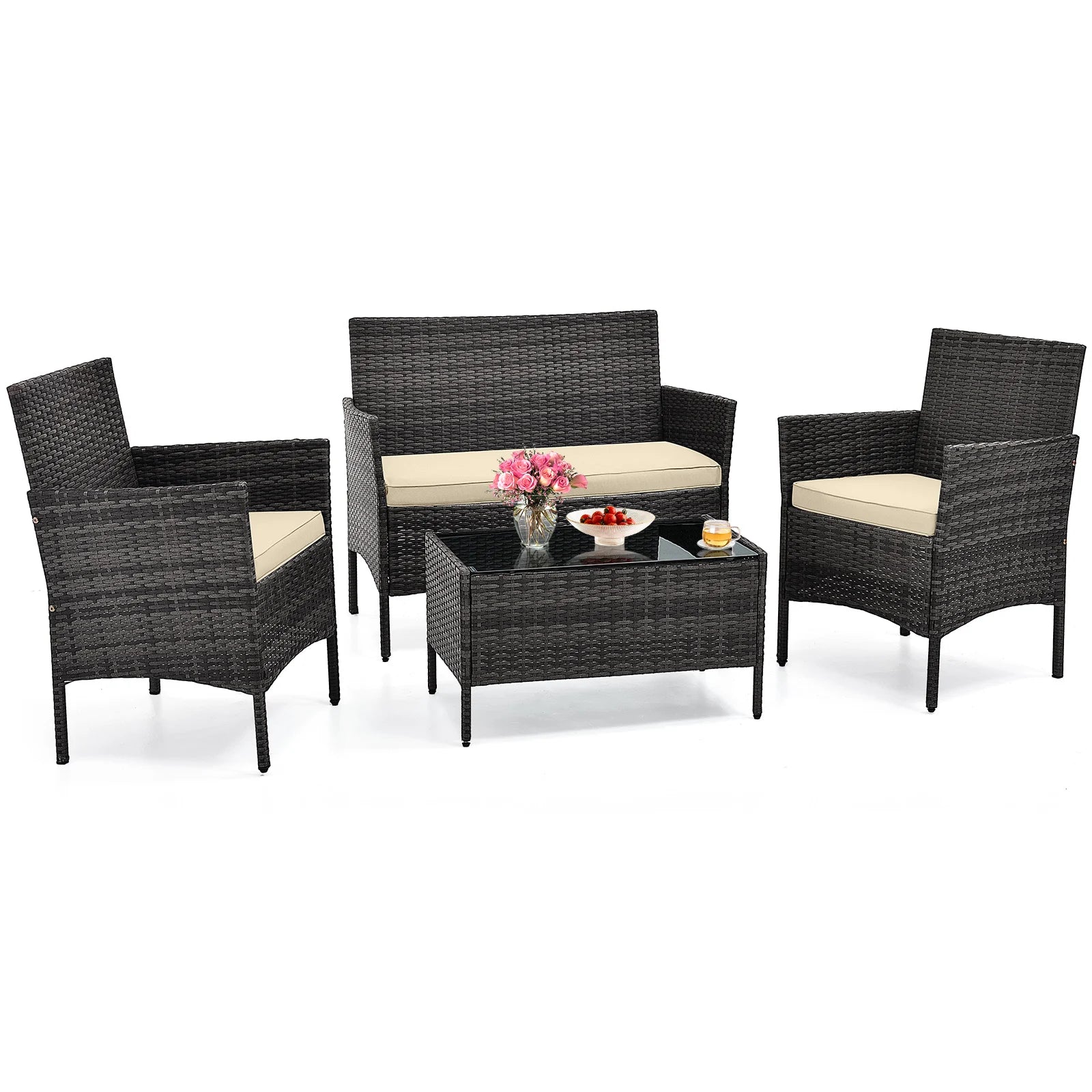 4 PCS Patio Furniture Set with Washable Cushions and Tempered Glass Coffee Table Beige