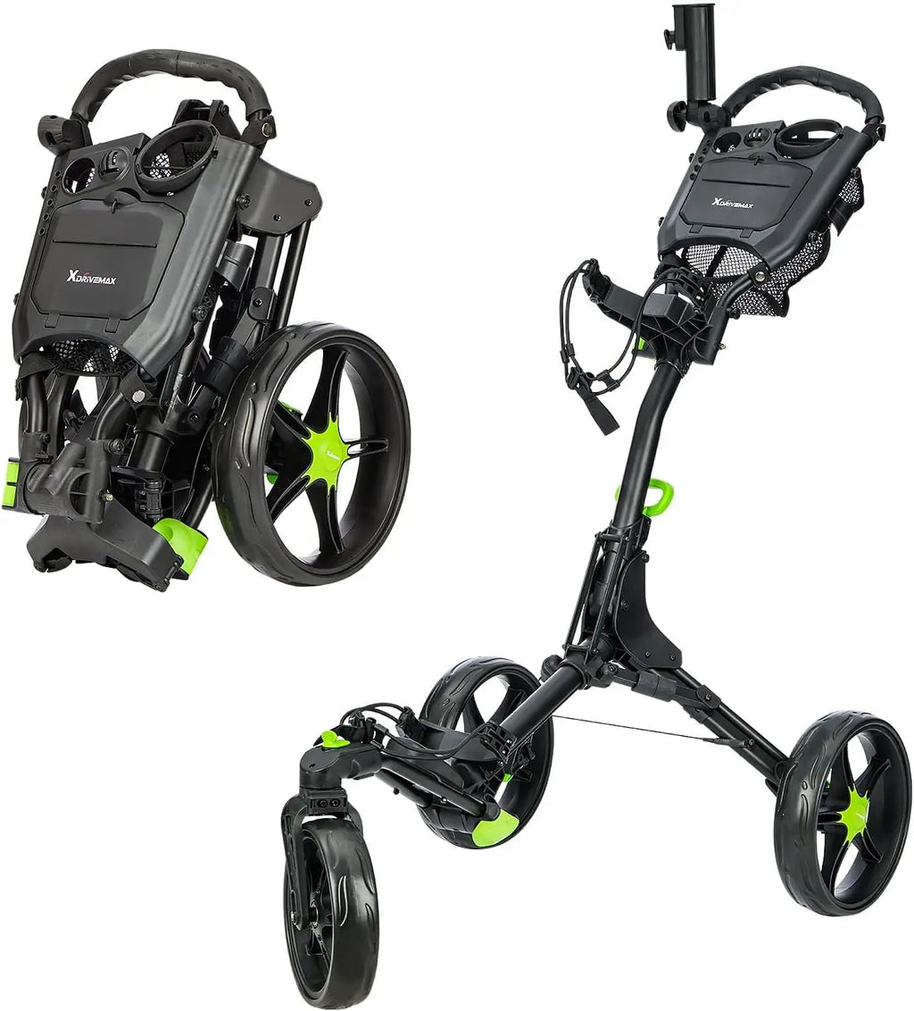 XDriveMax Golf Push Cart 3-Wheel With Umbrella Stand, Swivel Front Wheel Designed For Golf Clubs And Bags Enhanced Storage