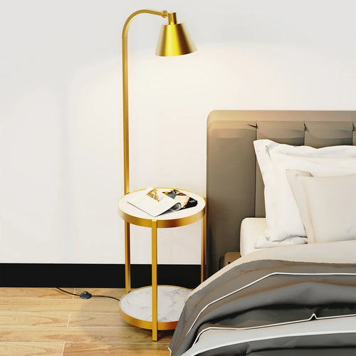 3-in-1 Floor Lamp w/Side Table & Shelves, Golden Iron Frame, Swivel Design for Living Room Bedroom Office