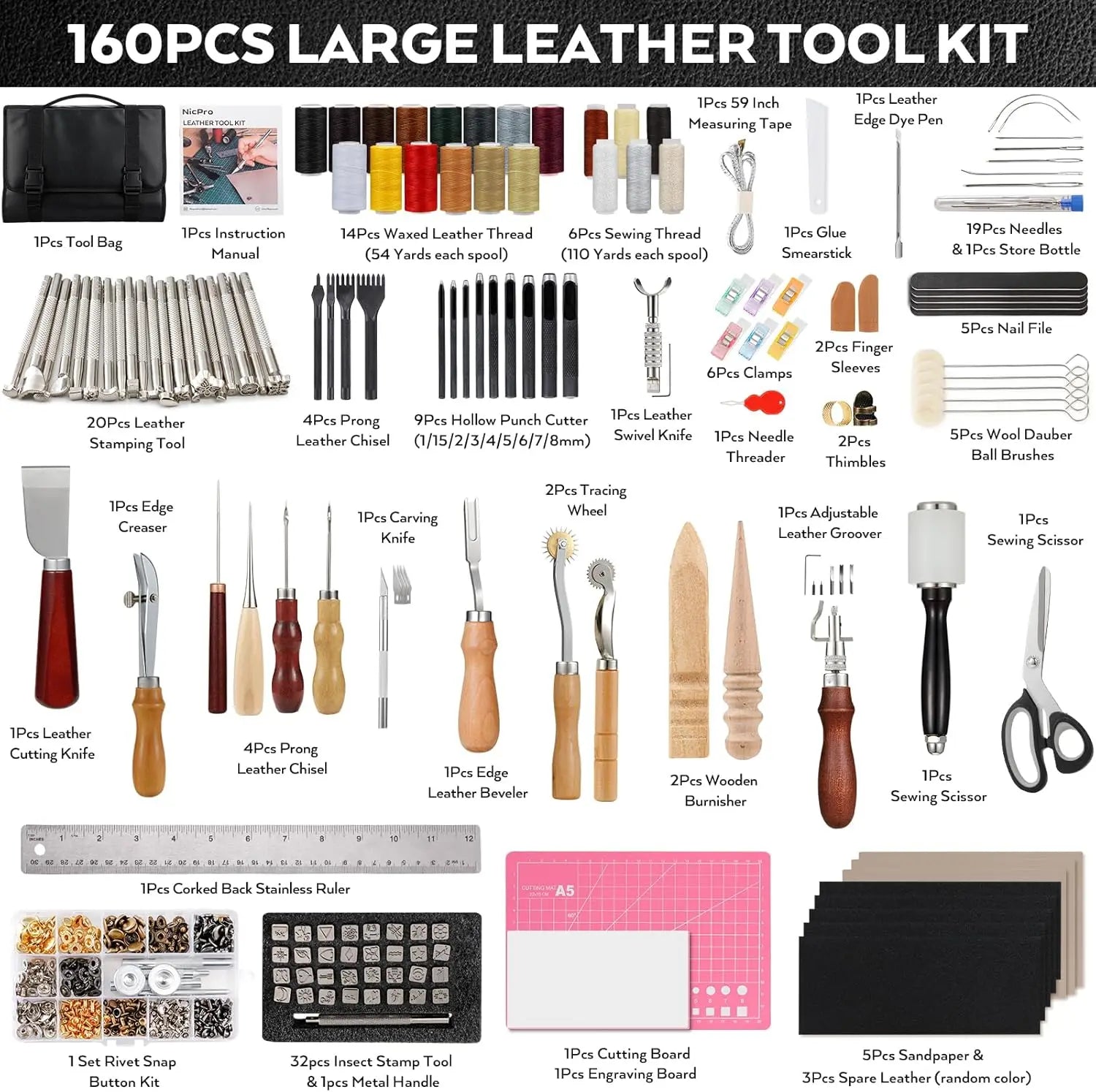 160-Piece Professional Leather Craft Tool Kit with Storage Bag for Stamping, Sewing, Carving, Cutting & Punching