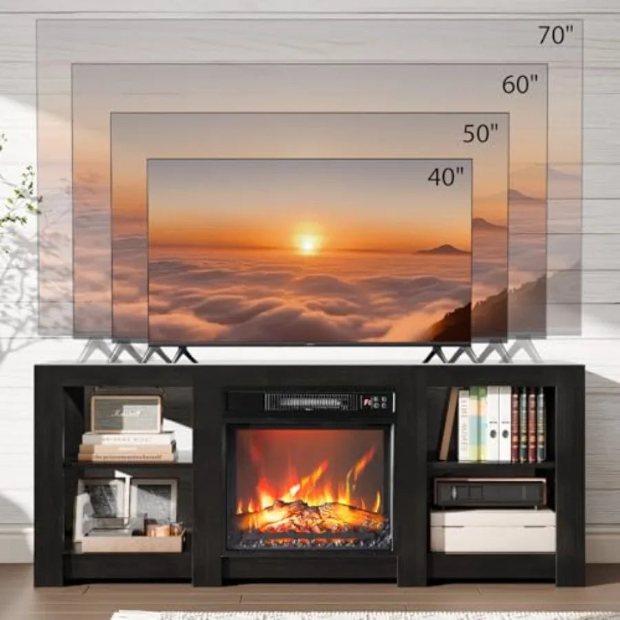 VINGLI Fireplace TV Stand for up to 70 inch TVs Farmhouse Entertainment Center with Electric Fireplace Heater Adjustable Shelve
