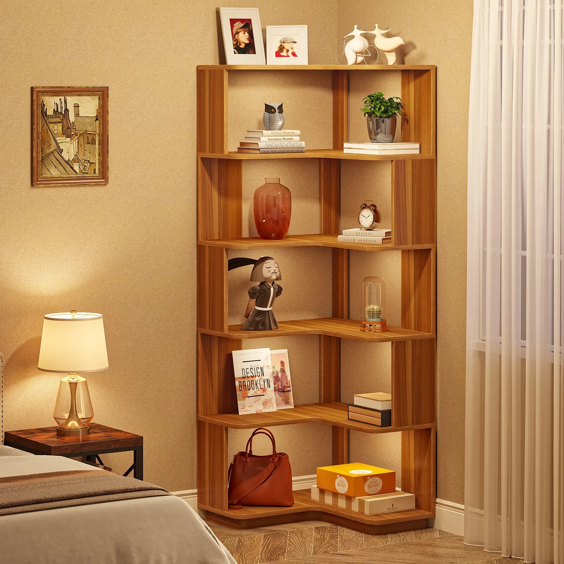Tribesigns 6 Tier Corner Bookshelf, 64.96 Inch Tall Industrial Corner Bookcase with Anti-Drop Panel,Wood Grain Corner Shelf