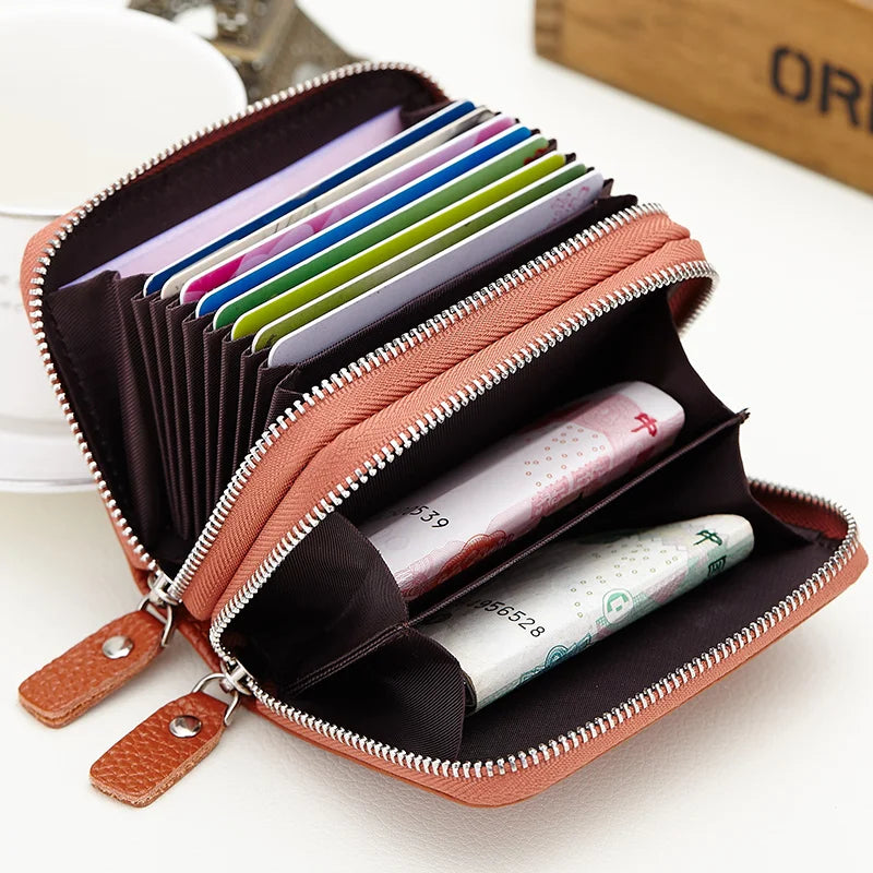Genuine Leather Men & Women Mini Short Wallet Cow Leather Coin Purse Solid Card Holder Accordion Card Slots Double Zipper Pocket