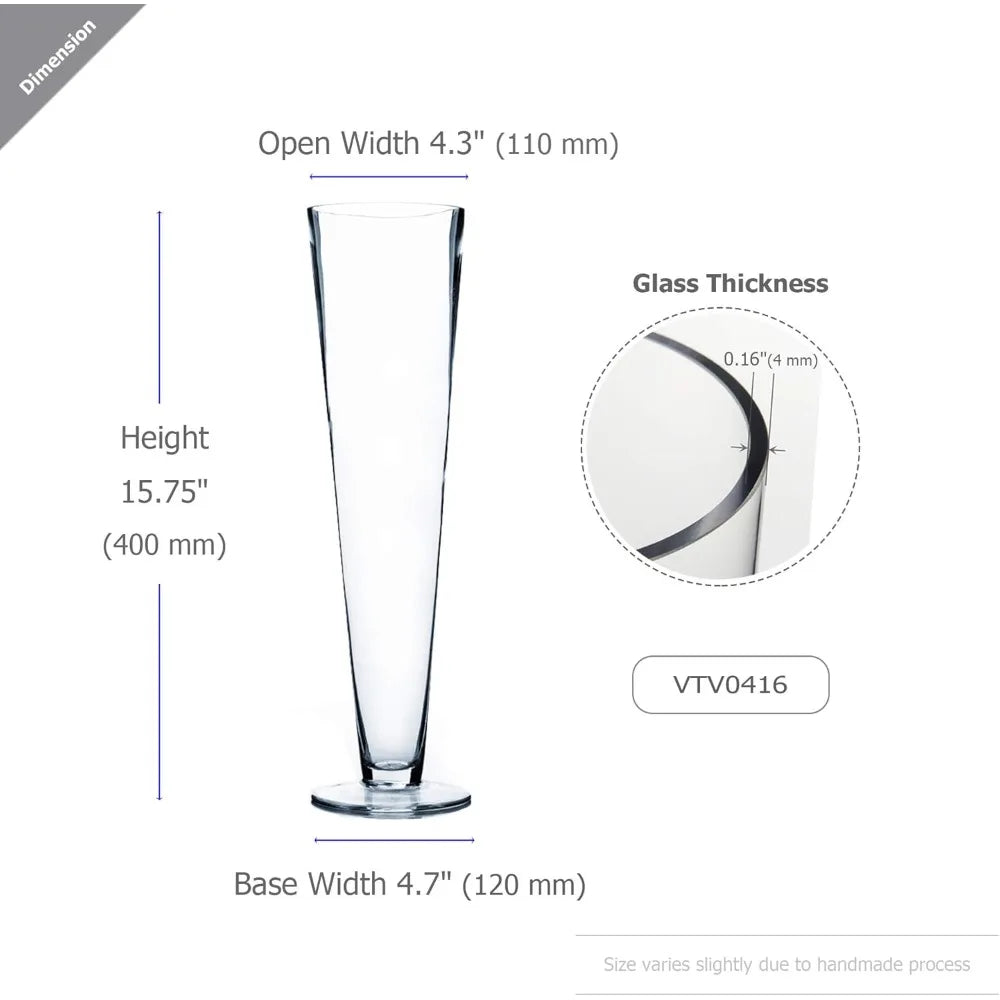 Clear Glass Trumpet Vases, Bulk Open Top 4, Height 16, Multiple Sizes, Tall Pilsner Floral Planter Container, Centerpiece for Ho